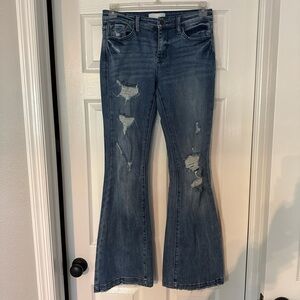 Trendy Distressed Flare Jeans in Blue